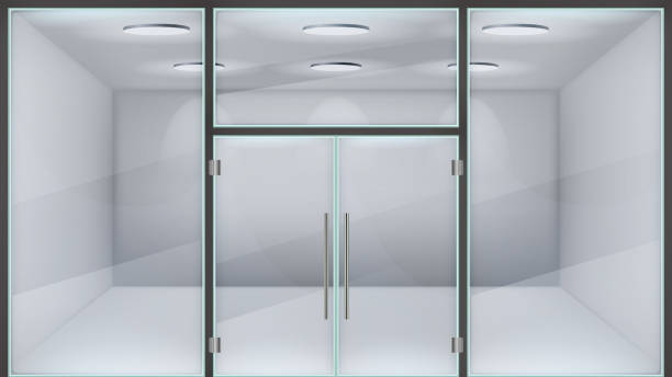 istock Realistic store door. Glass double office entrance, front exterior mall doors, modern metal frame realistic steel door 3d vector illustration 1269808343