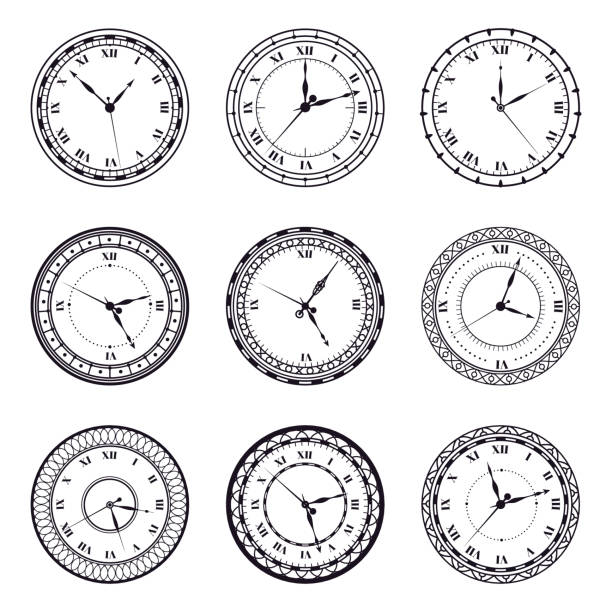 古代の時計の顔。ヴィンテージアンティーク腕時計、アンティック12時間ラウンドクロック、ローマ数字タイマークロックベクトルイラスト記号セット - とげ点のイラスト素材／クリップアート素材／マンガ素材／アイコン素材