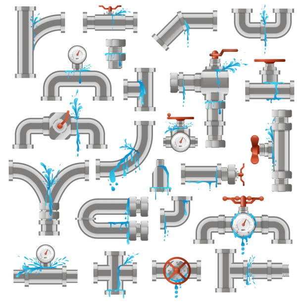 wasserrohrleck. gebrochene beschädigte metallrohre, rohr undicht riss, industrie metall rohr rohre beschädigen vektor illustration symbole set - pipe valve water pipe air valve stock-grafiken, -clipart, -cartoons und -symbole