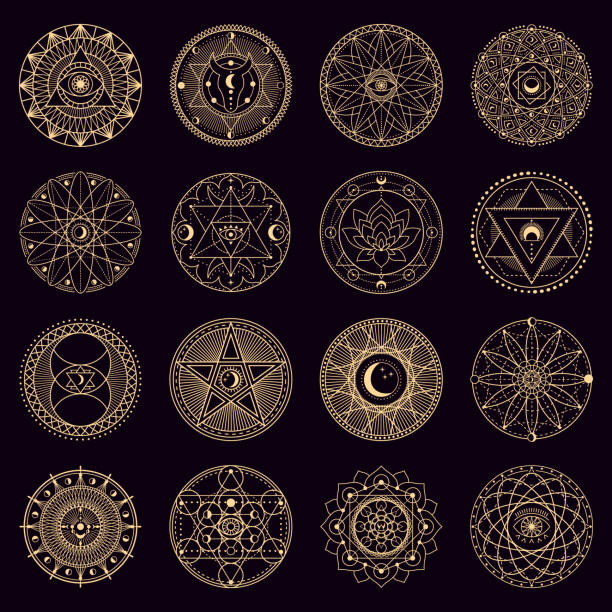 Mystery spell circle. Golden mystical alchemy witchcraft circular emblems, occult geometry signs, circle magical vector illustration icons set Mystery spell circle. Golden mystical alchemy witchcraft circular emblems, occult geometry signs, circle magical vector illustration icons set. Spiritual mystical ornament, astrology and witchcraft occult symbols stock illustrations