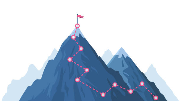 bergprogressionspfad. kletterfortschrittsroute, berggipfel überwinden, klettersteig mit roter flagge auf top-vektor-illustration - berge stock-grafiken, -clipart, -cartoons und -symbole