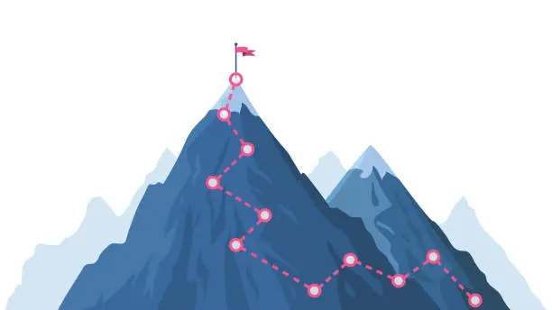 Vector illustration of Mountain progression path. Climbing progress route, mountain peak overcoming, mountain climbing path with red flag on top vector illustration
