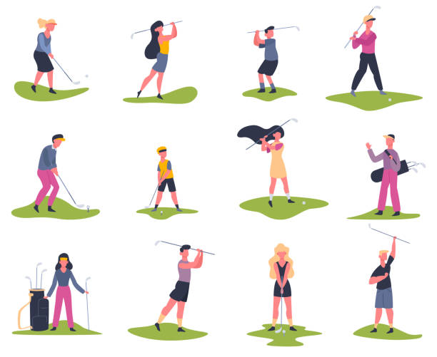 ilustrações, clipart, desenhos animados e ícones de jogadores de golfe. pessoas jogando golfe, golfistas batendo bola, fora da atividade de verão, personagens de golfe conjunto de ilustração vetorial - golf golf swing men exercising