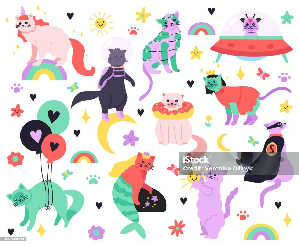 Funny Cartoon Cats Kitty Mermaid Unicorn Superhero Astronaut And Alien  Characters Colorful Cute Fairy Cats Isolated Illustration Icons Set Stock  Illustration - Download Image Now - iStock
