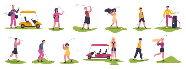 Vector illustration of Golf people scenes. Male and female golfers, golf characters chase and hit ball, golfers playing outdoor sports vector illustration icons set