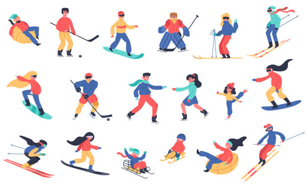 zimowe zajęcia śnieżne. jazda na nartach, snowboardzie, hokeju i łyżwach, rodzinne wakacje zimowe zajęcia izolowane ikony ilustracji wektorowych - ice skating ice hockey child family stock illustrations