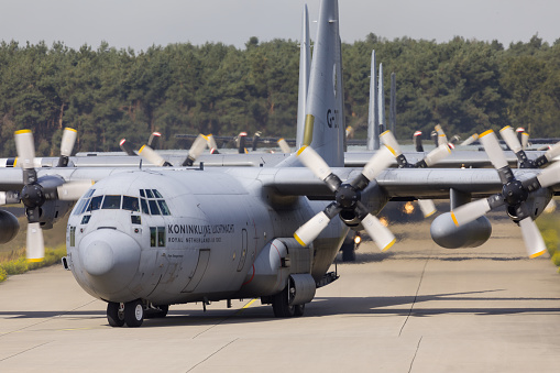 Eindhoven Netherlands sept. 20. 2019: Several C-130 Hercules aircraft enter the platform to pick up paratroopers for the Market Garden memorial and Falcon Leap exercise.