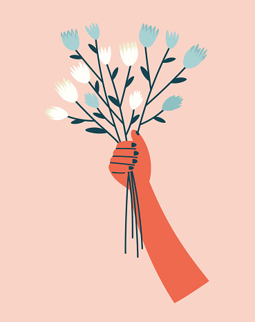 Vector illustration of a hand with bouquet of white and blue flowers.