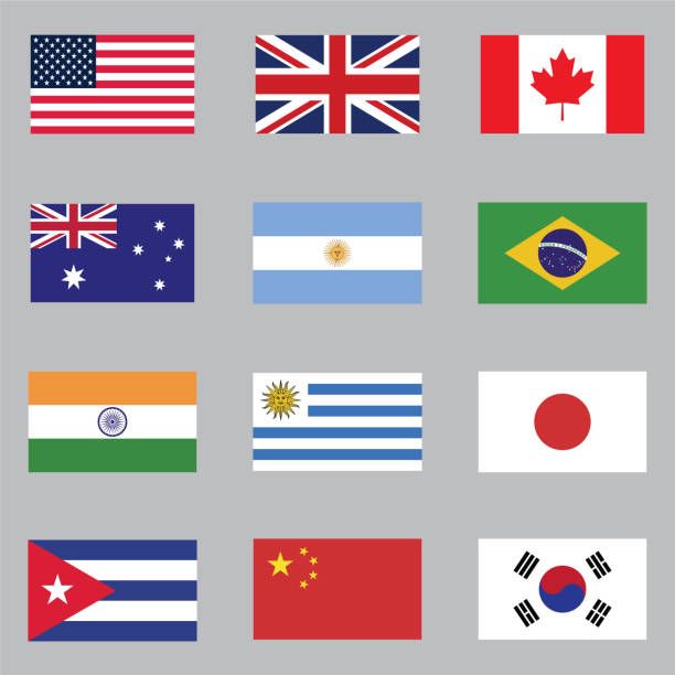 플래그 아이콘 세트 . 국기 세트 : 미국, 영국, 캐나다 . 호주, 아르헨티나, 브라질, 인도, 우루과이, 일본, 쿠바, 중국, 한국 - argentina australia stock illustrations