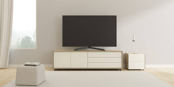 rendering 3d del soggiorno moderno con schermo tv e divano sullo sfondo della natura. - television stand foto e immagini stock