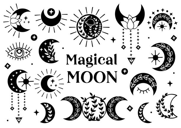 set of isolated black magical moon icons set of isolated black magical moon icons
-  vector illustration, eps moon clipart stock illustrations