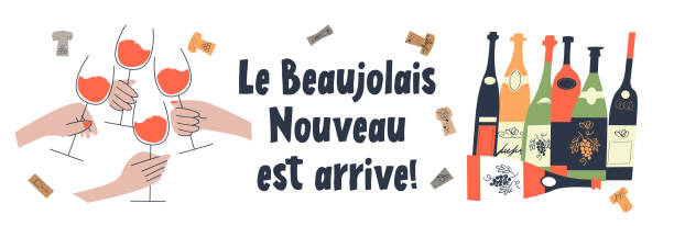 illustrations, cliparts, dessins animés et icônes de le beaujolais nouveau est arrivé, la phrase est écrite en français. illustration vectorielle. - beaujolais nouveau