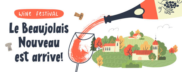 Beaujolais Nouveau has arrived, the phrase is written in French. Vector illustration. Beaujolais Nouveau has arrived, the phrase is written in French. Red new wine is poured into a glass. On the background of a small cozy village. Vector illustration. beaujolais stock illustrations