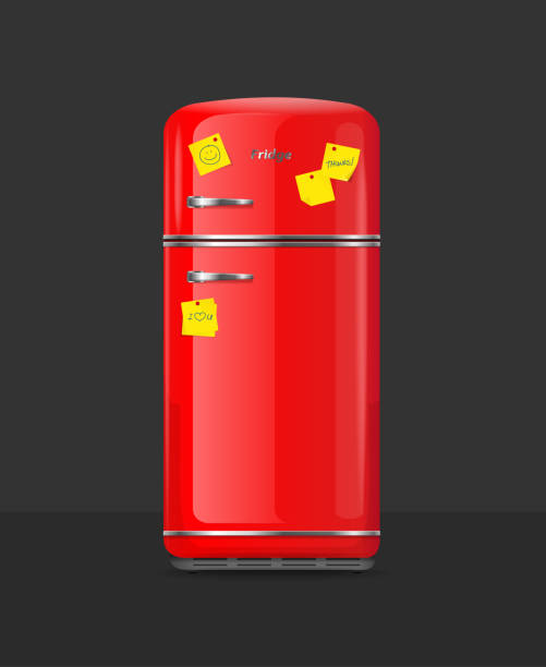 реалистичный подробный 3d винтаж красный холодильник с желтой липкой ноте. вектор - symbol computer icon refrigerator application software stock illustrations