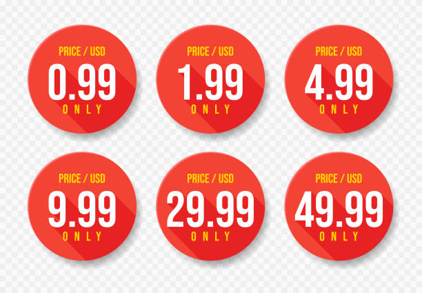 czerwony usd zestaw naklejek cenowych. sprzedaż 0.99 1.99 4.99 9.99 29.99 i 49.99 dolarów tylko oferta badge sticker design w stylu płaskim. wektor - 2999 stock illustrations