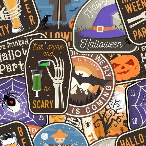 Vector illustration of Halloween patches colorful seamless pattern with scarecrow with raven, pumpkin, skeleton hand, cemetery, glass of magic beer Vector. Halloween background, wallpaper, seamless pattern with patches