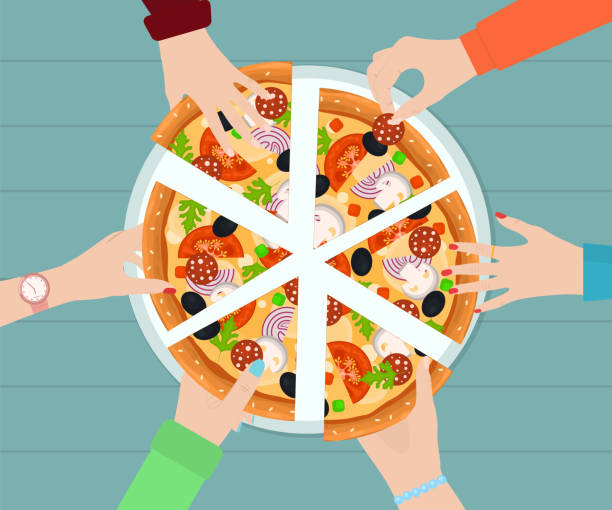 만화 색상 인간의 손과 피자 개념의 조각. 벡터 - application software food pizza cheese stock illustrations