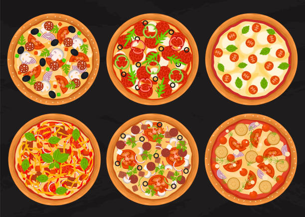 만화 색상 다른 피자 아이콘 세트. 벡터 - application software food pizza cheese stock illustrations