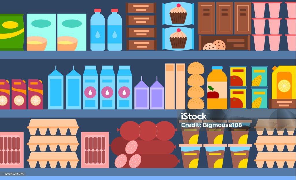Cartoon Color Supermarket Shelves Interior Inside Concept Vector Stock  Illustration - Download Image Now - iStock