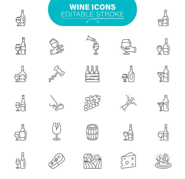 Wine Icons. Set contains such icon as Winery, Degustation, Bunch of Grapes, Glass of Wine Wineglass, Cheese, Alcohol - Drink, Bar - Drink, Barrel, Editable Stroke Icon Set wine tasting stock illustrations
