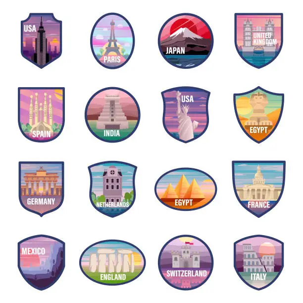 Vector illustration of Travel and Tourism Icons. Set contains symbol as Famous Place, Historical Buildings, Towers, Mountain, Illustration