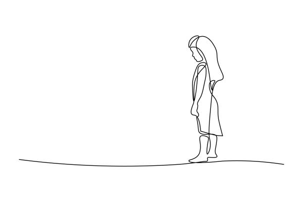 Sad child Sad little girl in continuous line art drawing style. Upset kid looking lonely black linear sketch isolated on white background. Vector illustration poverty illustrations stock illustrations