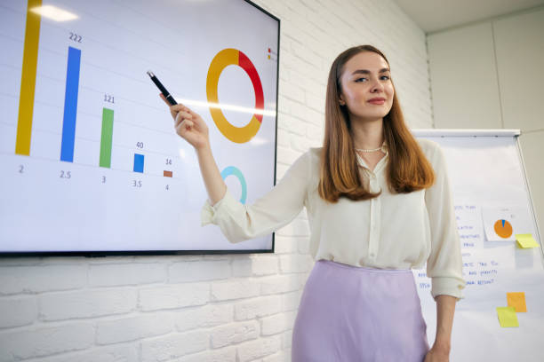 Confident female marketing agent leading a seminar about how to improve your social media platform while showing with a laser pen statistic Modern young business woman having leading a presentation while using the wealth of technology to explain a statistic in a board room laser pen stock pictures, royalty-free photos & images