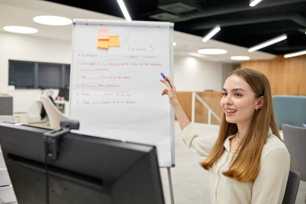 istock Cheerful female english teacher explaining lesson to students on a web conference during isolation period because of COVID-19 pandemic 1269829214