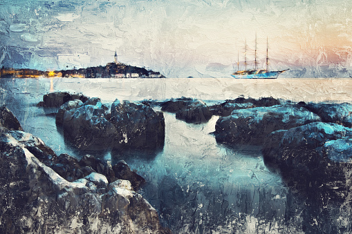 Large View of the rocky coast and the old town of Rovinj in Croatia after sunset in the background. Oil Painting effect with Photoshop on a photo.