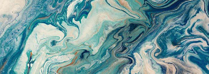 Closeup of mixed turquoise and white abstract marble texture. Hand painted beautiful pattern, wallpaper or background for print design, banner. Ocean or sea artwork