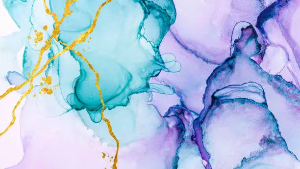 Photo of Mixed turquoise and purple abstract texture on white, trendy wallpaper. Alcohol ink pattern.