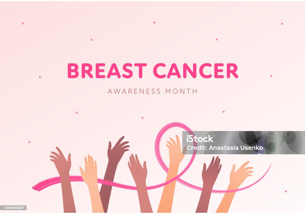 Breast cancer prevention concept. Vector flat illustration. Health care banner template. Pink ribbon symbol around multiethnic human hands. October cancer awareness month. Design element Breast Cancer stock vector