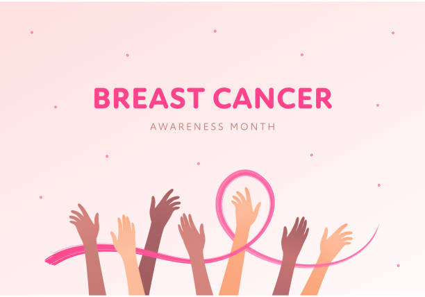 Breast cancer prevention concept. Vector flat illustration. Health care banner template. Pink ribbon symbol around multiethnic human hands. October cancer awareness month. Design element Breast cancer prevention concept. Vector flat illustration. Health care banner template. Pink ribbon symbol around multiethnic human hands. October cancer awareness month. Design element breast cancer awareness stock illustrations