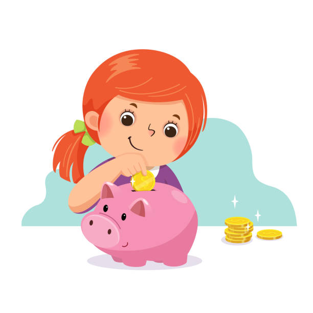 векторная иллюстрация мультфильма маленькой девочки, положивой монету в копилку. - currency savings coin counting stock illustrations