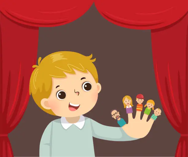 Vector illustration of Vector illustration cartoon of boy playing family finger puppets theatre.