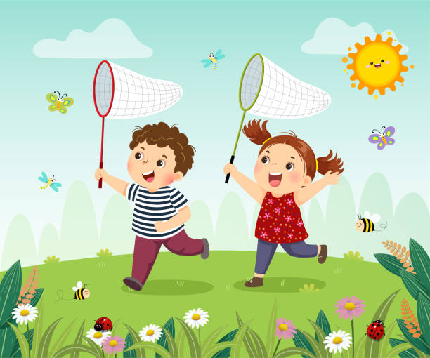 вектор иллюстрация мультфильм счастливых детей ловить ошибок в этой области. - catching butterfly netting summer stock illustrations