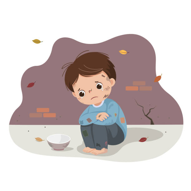 空のボウルで物乞いをする貧しい少年のベクトルイラスト漫画。ホームレスの子供。 - 孤児点のイラスト素材／クリップアート素材／マンガ素材／アイコン素材