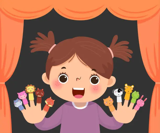 Vector illustration of Vector illustration cartoon of little girl playing animal  finger puppets theatre.