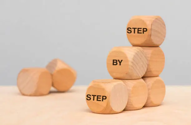 step by step printed on wooden cubes