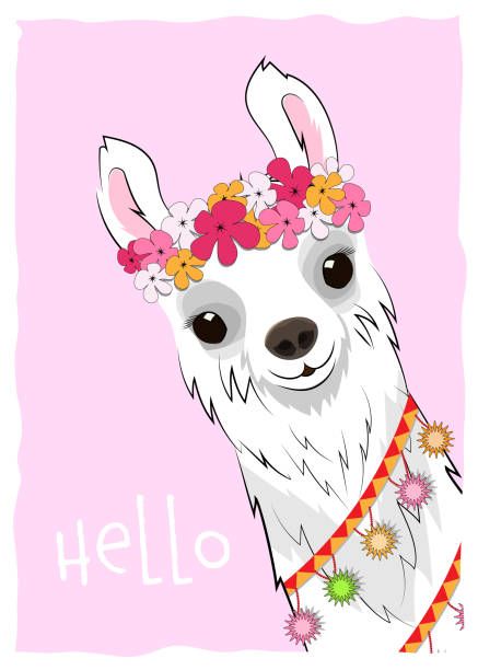 istock White llama with a flower wreath and multicolored garlands on a pink background. Vector. 1269838717