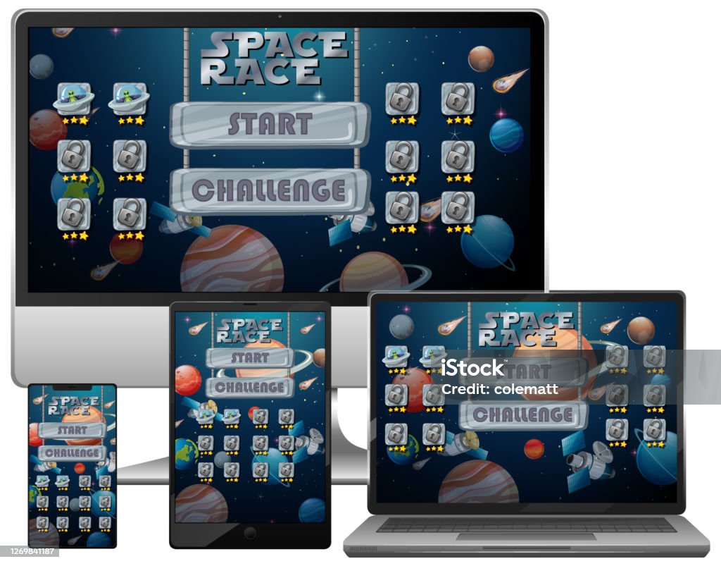 Space Rally Game Space Race Mission Game On Diffrent Electronic Screens Stock ...