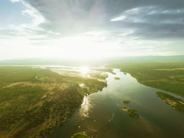 drone view on the river of lower zambezi area in Zambia at sunset hour