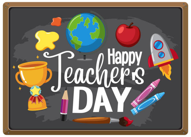 tahta üzerinde sabit elemanları kümesi ile happy teacher's day işareti - öğretmenler günü stock illustrations