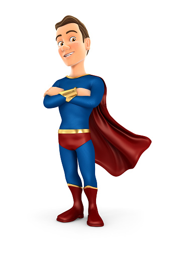3d superhero standing with arms crossed, illustration with isolated white background