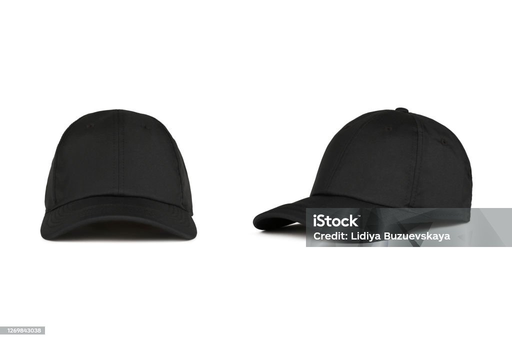 Black baseball cap, front and side views Black baseball cap isolated on white background, front and side views Template Stock Photo