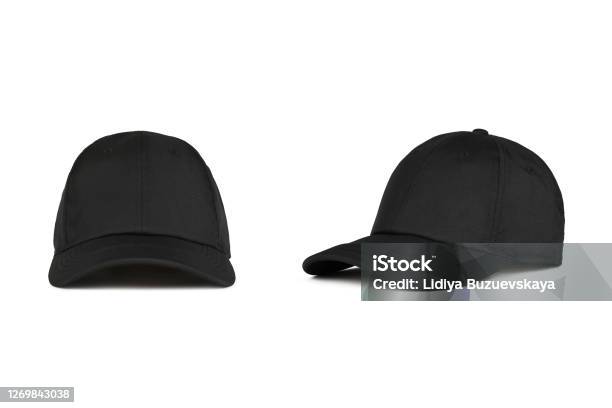 Black Baseball Cap Front And Side Views Stock Photo - Download Image Now - Template, Black Color, Baseball Cap