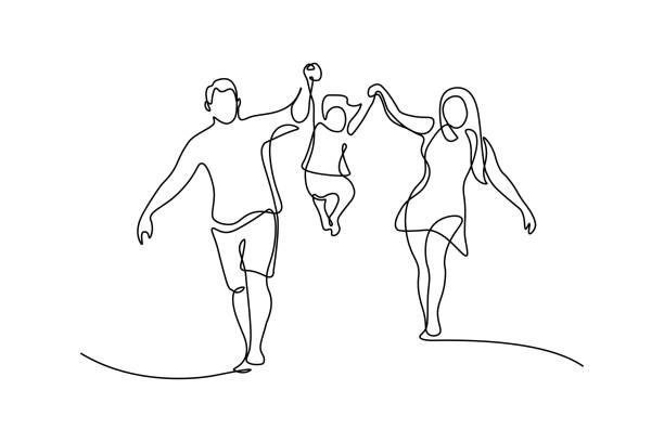 Happy family Happy family in continuous line art drawing style. Front view of parents with their little kid holding hands and walking together black linear sketch isolated on white background. Vector illustration drawing art product stock illustrations