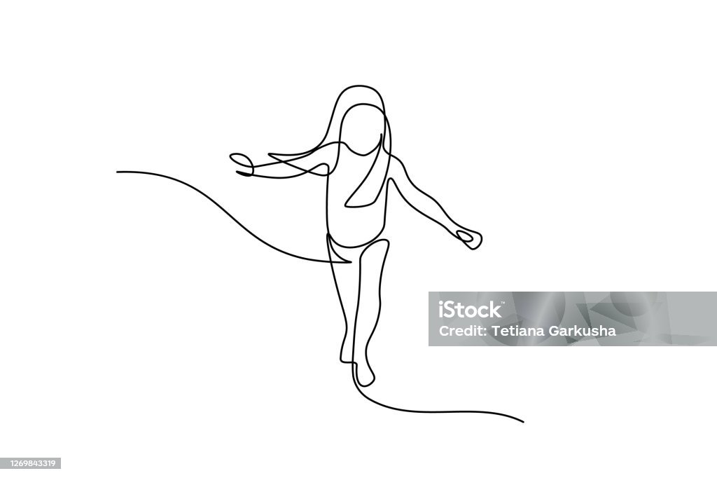 Running child Little girl running in continuous line art drawing style. Front view of kid running carefully and balancing black linear sketch isolated on white background. Vector illustration Child stock vector