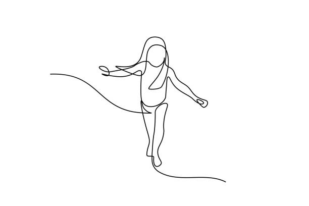Running child Little girl running in continuous line art drawing style. Front view of kid running carefully and balancing black linear sketch isolated on white background. Vector illustration fear illustrations stock illustrations