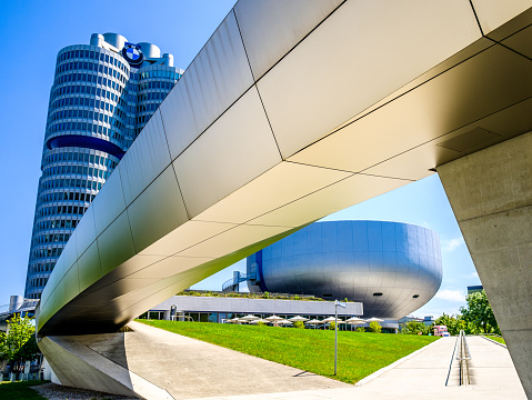 Munich, Germany - August 16: famous BMW Museum and tower in Munich on August 16, 2020